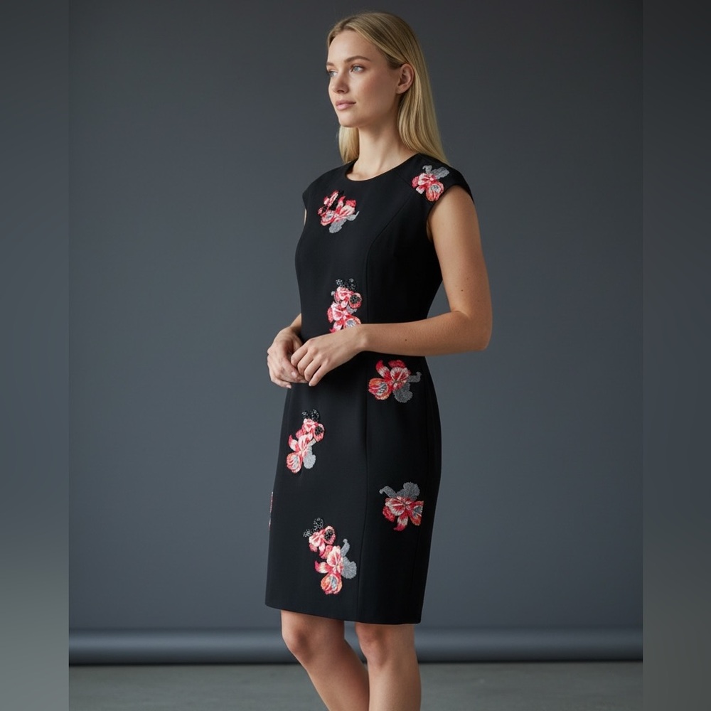 Sachin & Babi Noir Black Floral Embroidered sequins Sheath Dress Size 4 Career